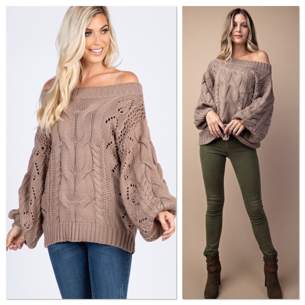 Mocha Cable Knit Puff Sleeves Sweater - Picture 3 of 6